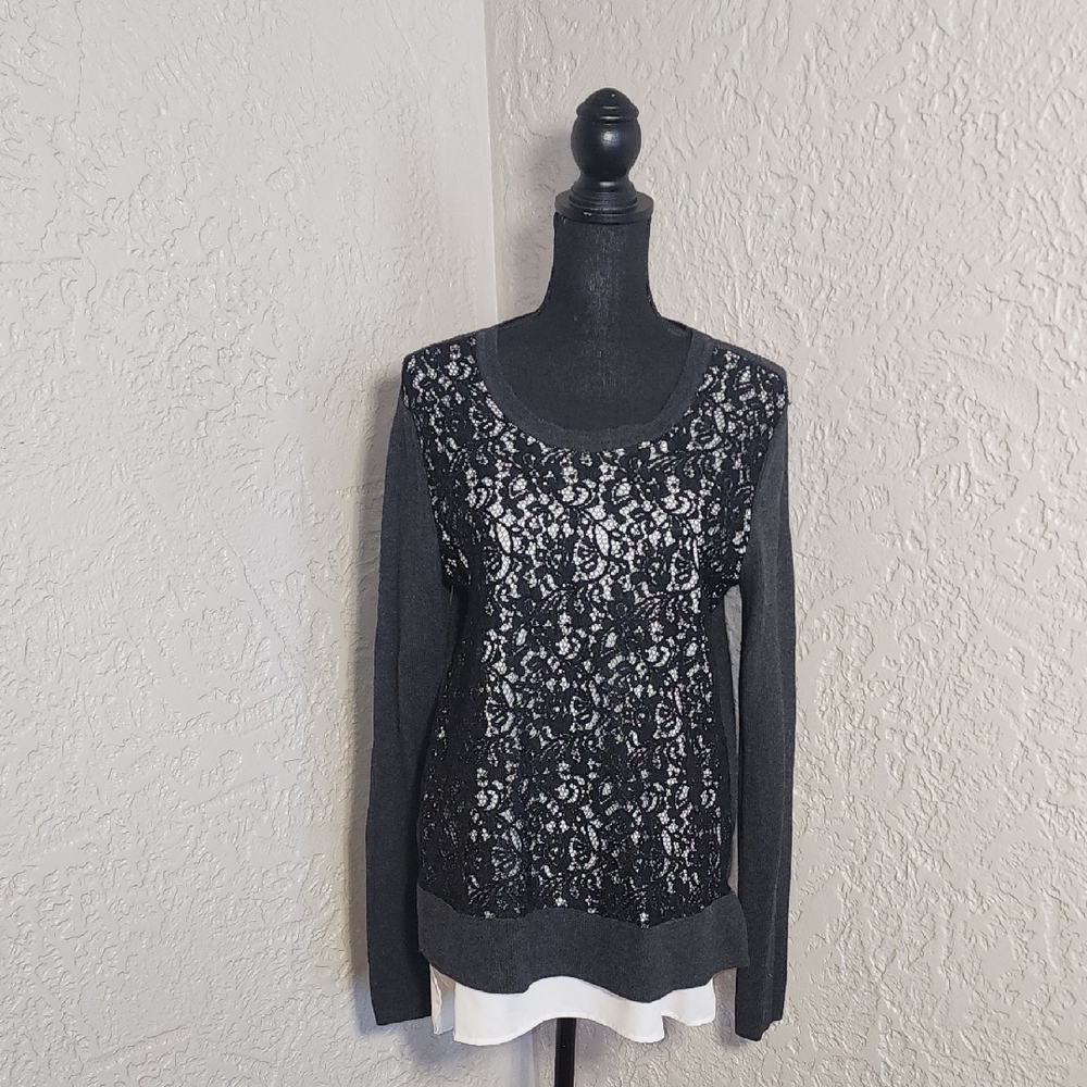 SIMPLY VERA VERAWANG Women Tunic Top Knit Lace Crewneck
